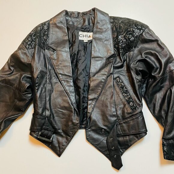Vintage Chia 100% Leather Cropped Biker Punk Jacket Floral Heavy Metal 80s Small - Picture 2 of 15